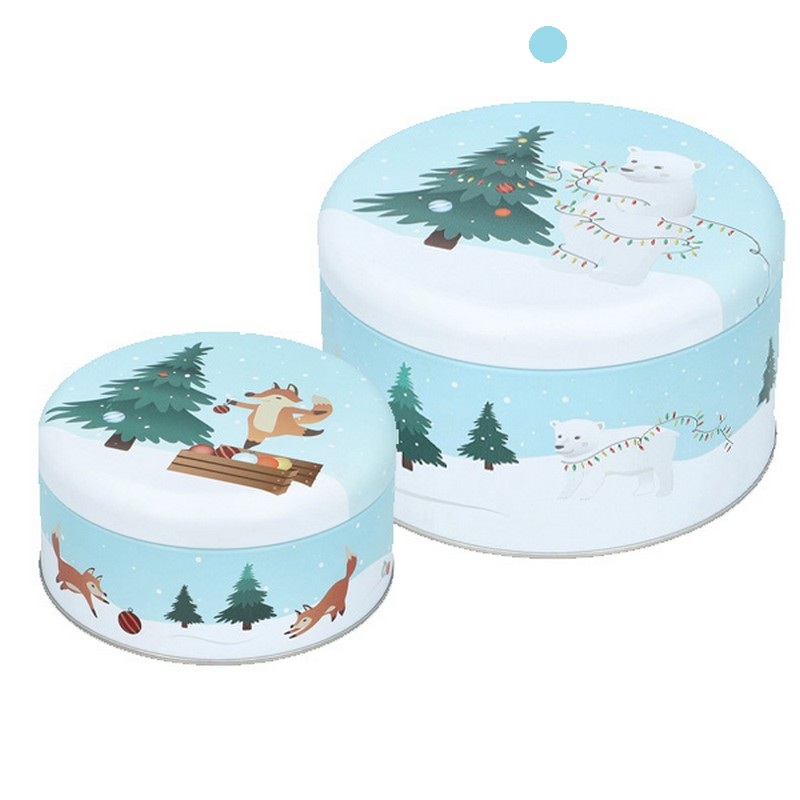 Scatola in latta decorata con paesaggio natalizio innevato e orsi polari, adatta al contatto con gli alimenti